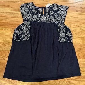 Fat Face Womens Size 8 Navy Embroidered Boho Peasant Top Flowy Blouse